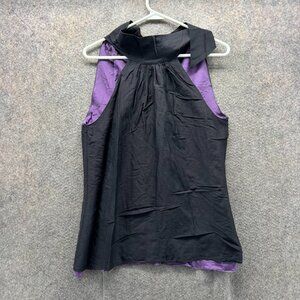 7 For All Mankind Top Women Medium Black Purple Lined Sleeveless Tie Neck Blouse